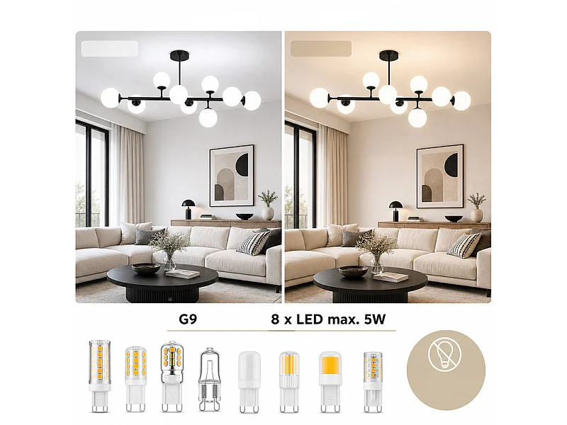 NETTLIFE Plafondlamp 8 lampen Plafondlamp voor woonkamer Plafondlamp voor slaapkamer Zwart G9