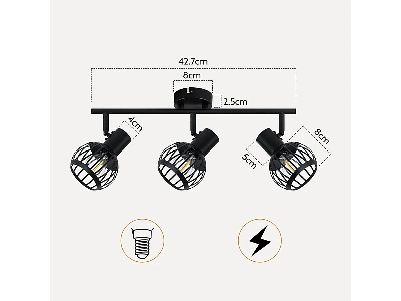 NETTLIFE Spot plafond 3 lumières vintage noir E14 orientable 350° métal pour cuisine/salon
