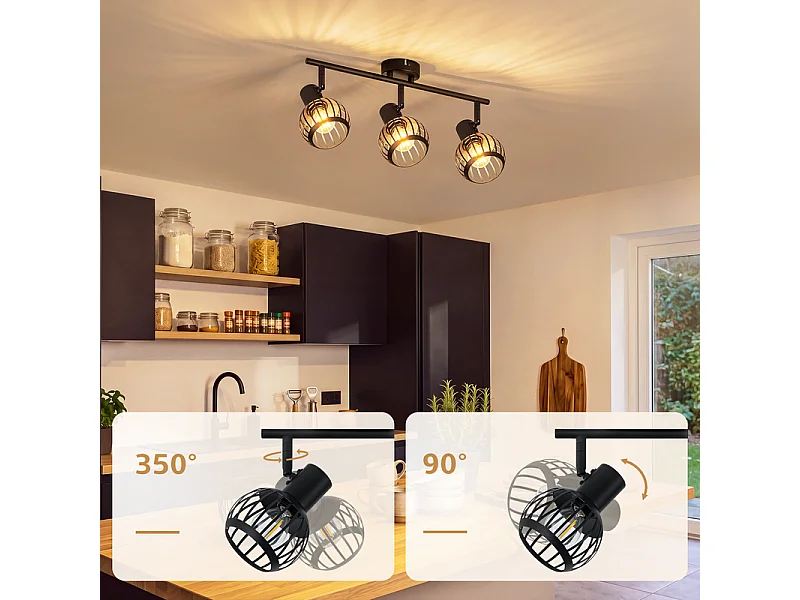 NETTLIFE Spot plafond 3 lumières vintage noir E14 orientable 350° métal pour cuisine/salon