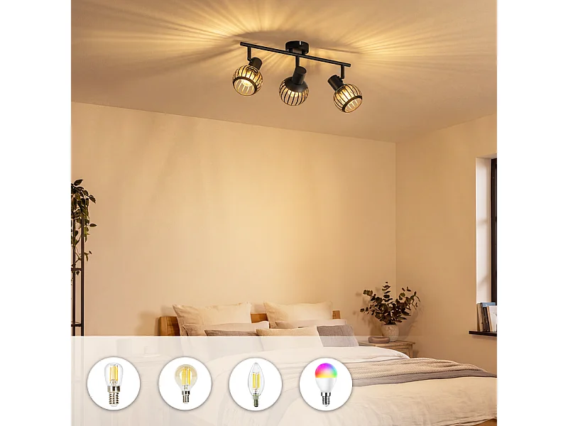 NETTLIFE Spot plafond 3 lumières vintage noir E14 orientable 350° métal pour cuisine/salon
