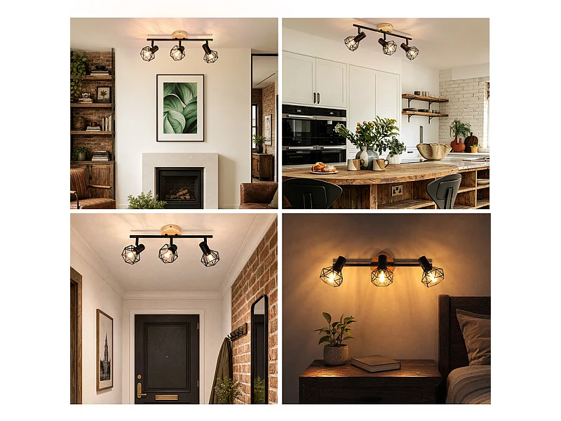 NETTLIFE Spot plafond 3 lumieres bois noir E14 orientable 350 vintage pour couloir/salon