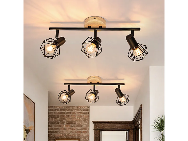 NETTLIFE Spot plafond 3 lumieres bois noir E14 orientable 350 vintage pour couloir/salon