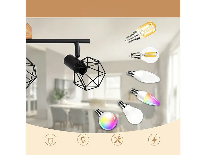 NETTLIFE Spot plafond 3 lumieres bois noir E14 orientable 350 vintage pour couloir/salon