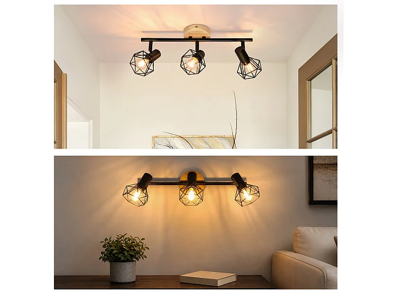NETTLIFE Spot plafond 3 lumieres bois noir E14 orientable 350 vintage pour couloir/salon