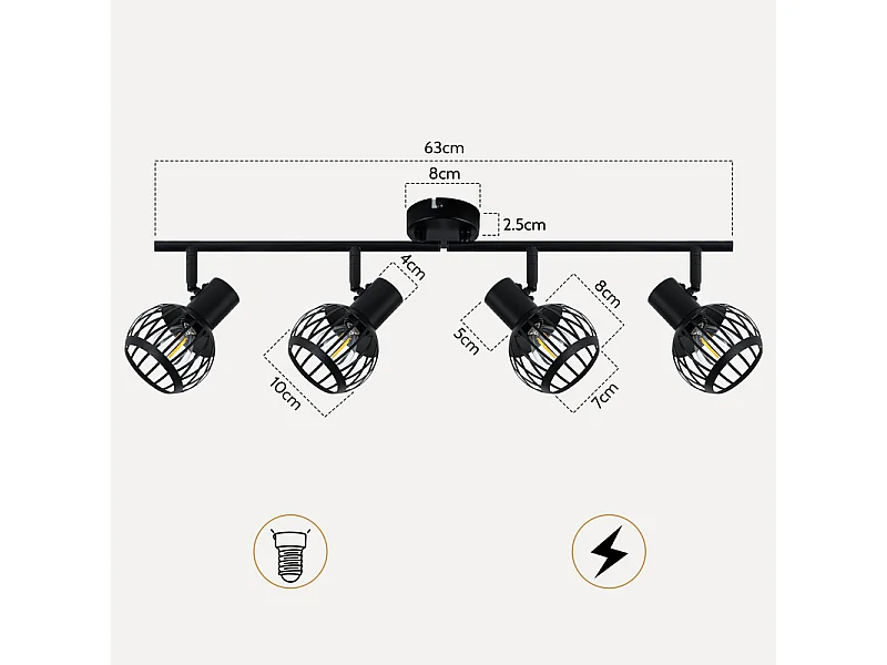 NETTLIFE Spot plafond 4 lumières vintage noir E14 orientable 350° métal pour salon/cuisine
