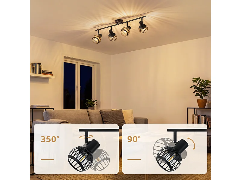 NETTLIFE Spot plafond 4 lumières vintage noir E14 orientable 350° métal pour salon/cuisine