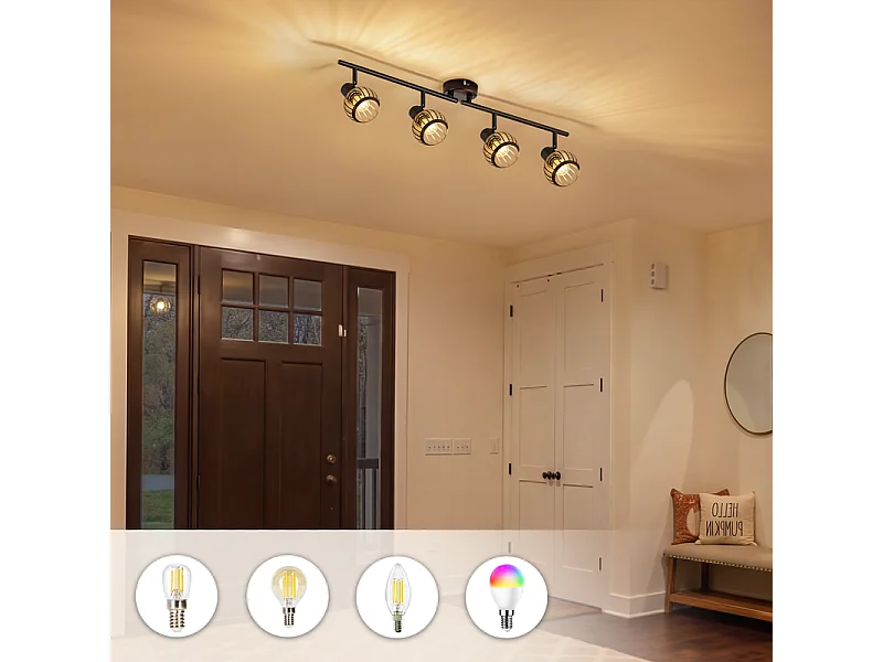 NETTLIFE Spot plafond 4 lumières vintage noir E14 orientable 350° métal pour salon/cuisine