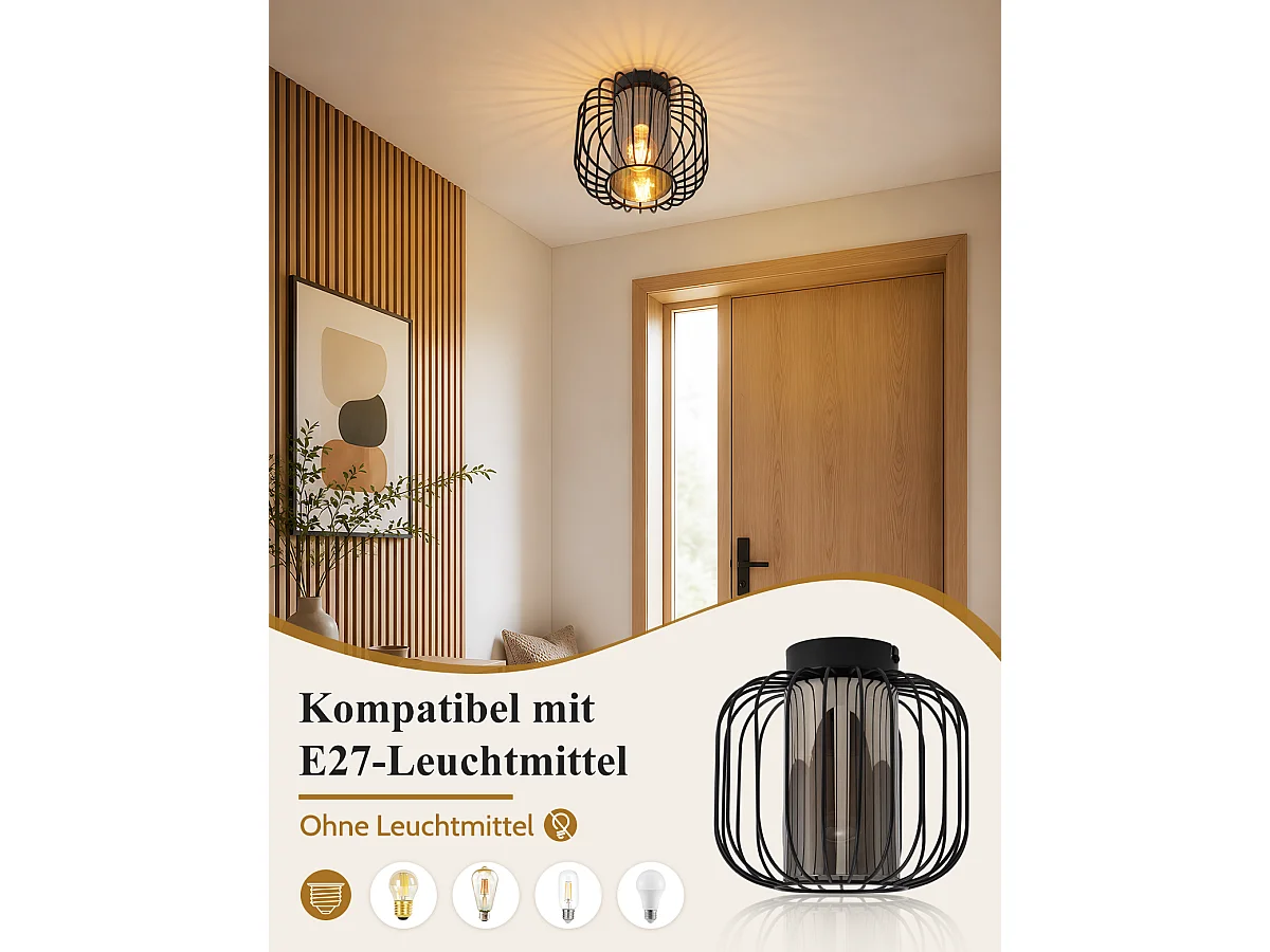 NETTLIFE Plafonnier vintage 1 lumière avec abat-jour en verre, E27, noir