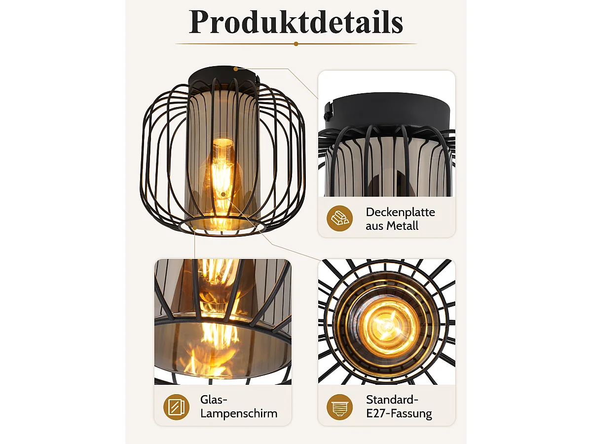 NETTLIFE Plafonnier vintage 1 lumière avec abat-jour en verre, E27, noir