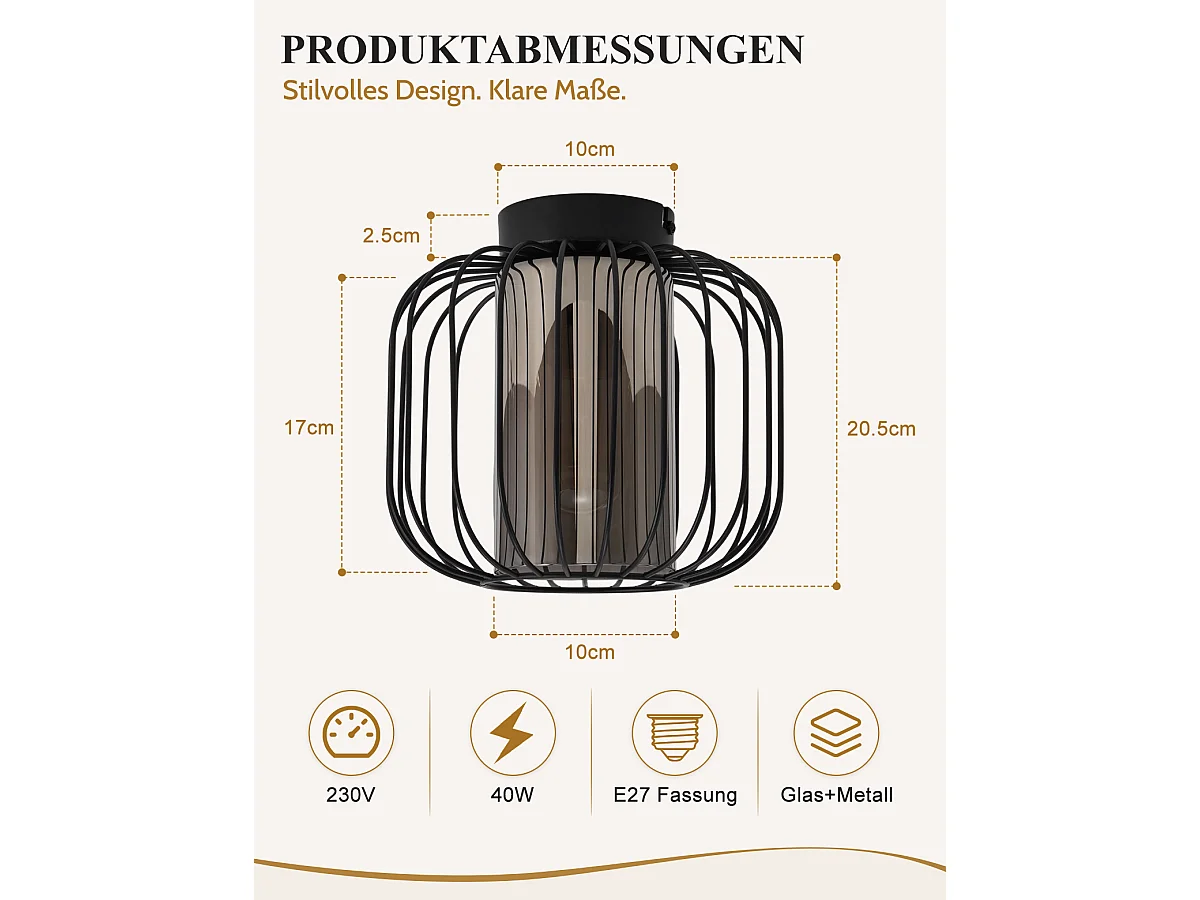 NETTLIFE Plafonnier vintage 1 lumière avec abat-jour en verre, E27, noir