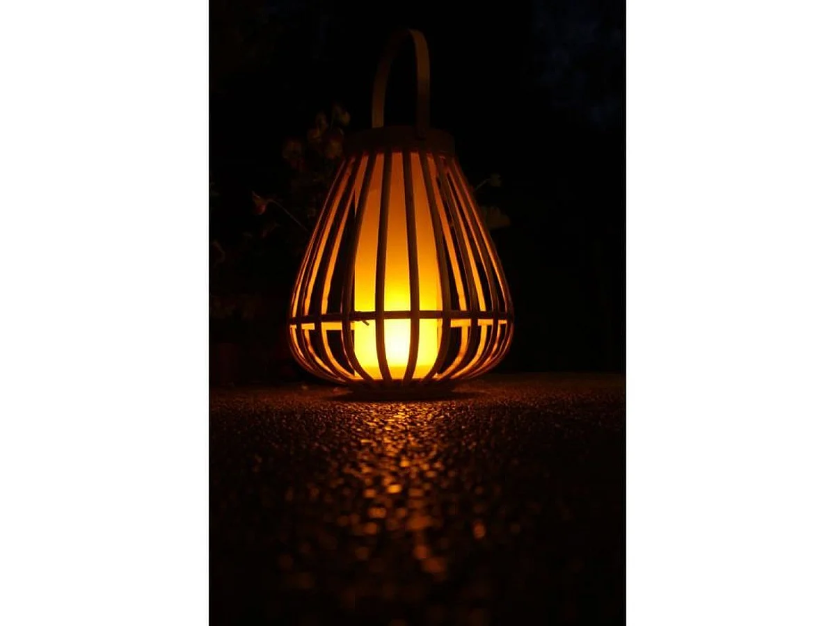 Lanterne solaire Marta en bambou naturel avec LED effet flamme, rechargeable USB