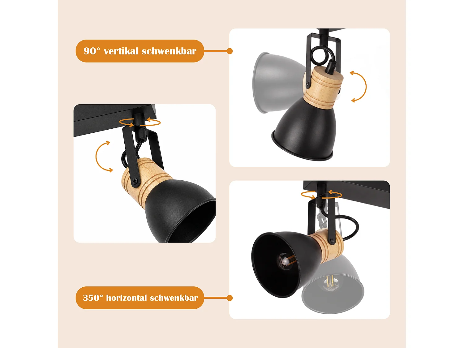 NETTLIFE Spot plafonnier 2 flammes E14 vintage noir, luminaire d'entrée et couloir