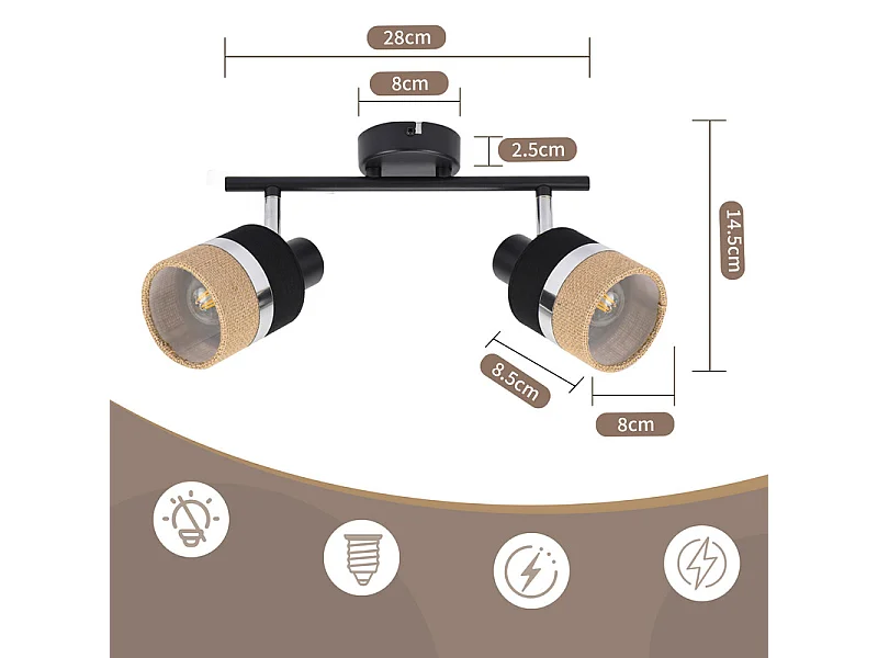 NETTLIFE Glitzerlife Applique de plafond LED Lampe de plafond 2 flammes Orientable 350° E14