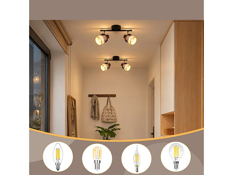 NETTLIFE Glitzerlife Applique de plafond LED Lampe de plafond 2 flammes Orientable 350° E14