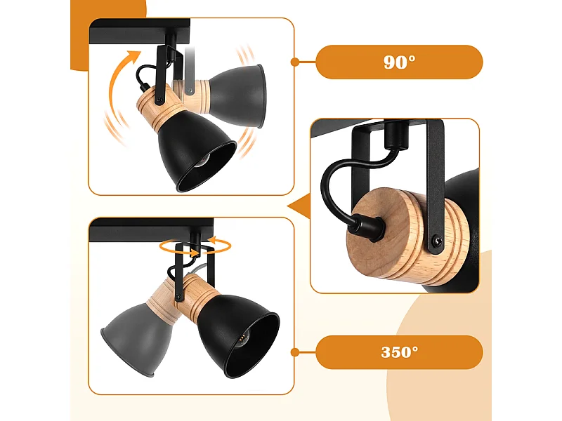 NETTLIFE Plafonnier orientable 2 lumières, lampe de plafond noire, E14, vintage pour couloir