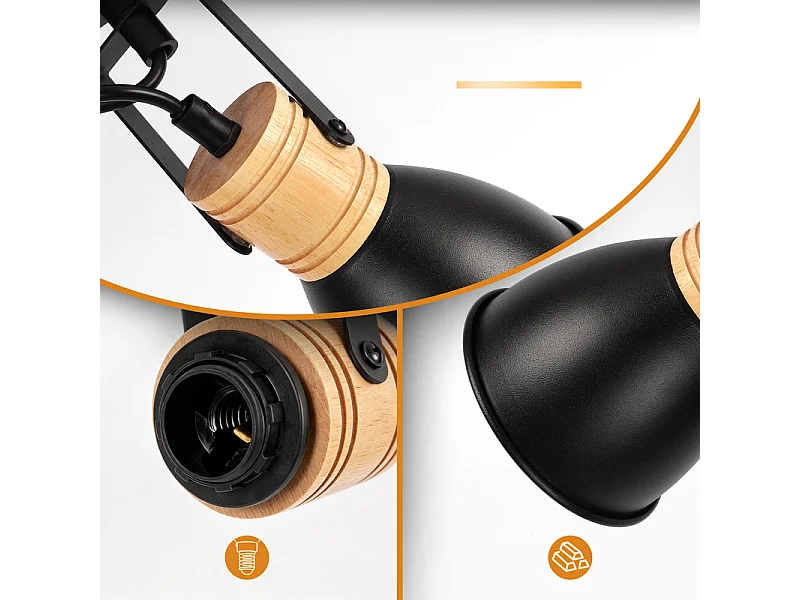 NETTLIFE Plafonnier orientable 2 lumières, lampe de plafond noire, E14, vintage pour couloir
