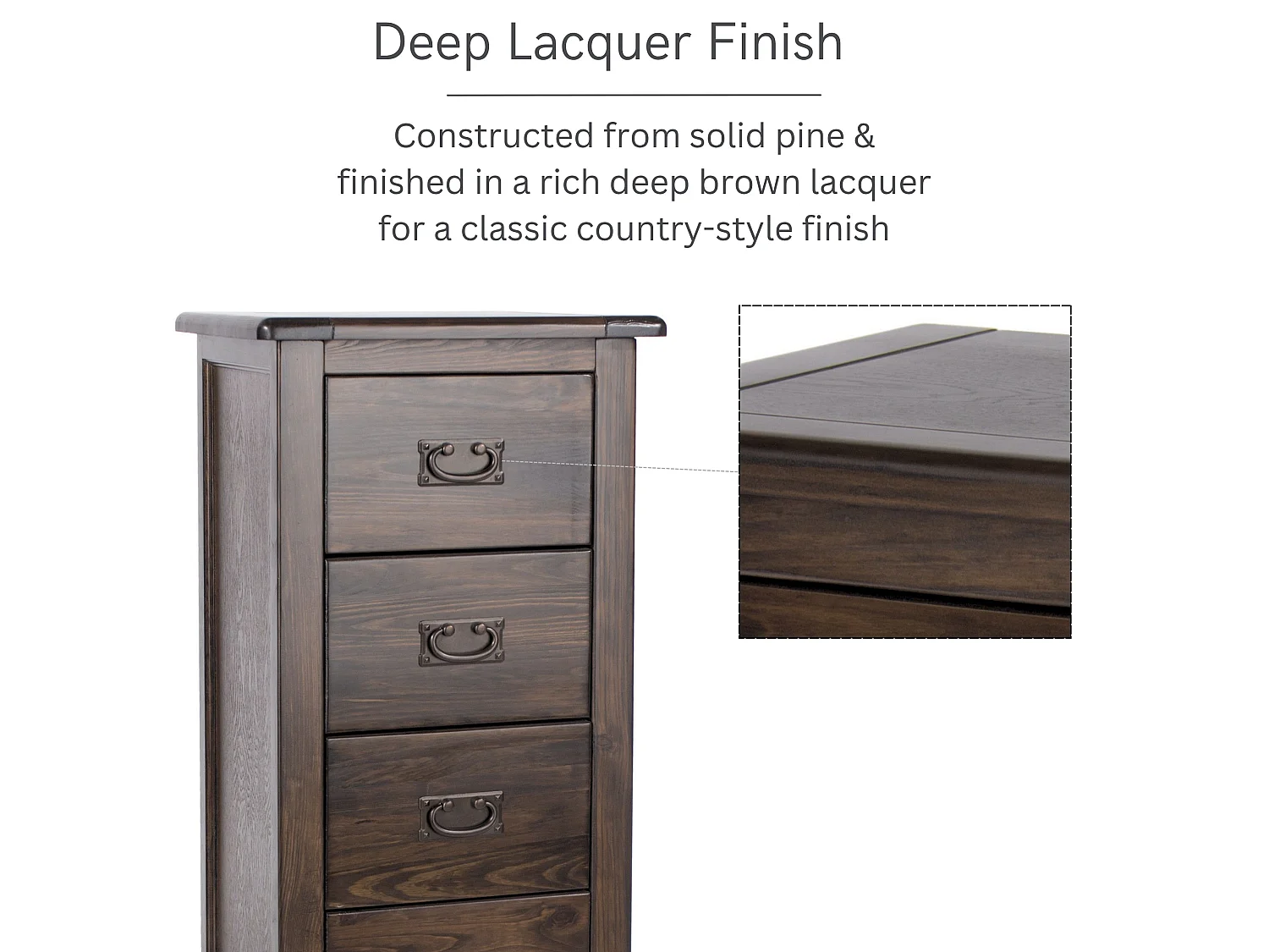 Boston 5-Drawer Narrow Chest of Drawers, Rustic Brown Lacquer