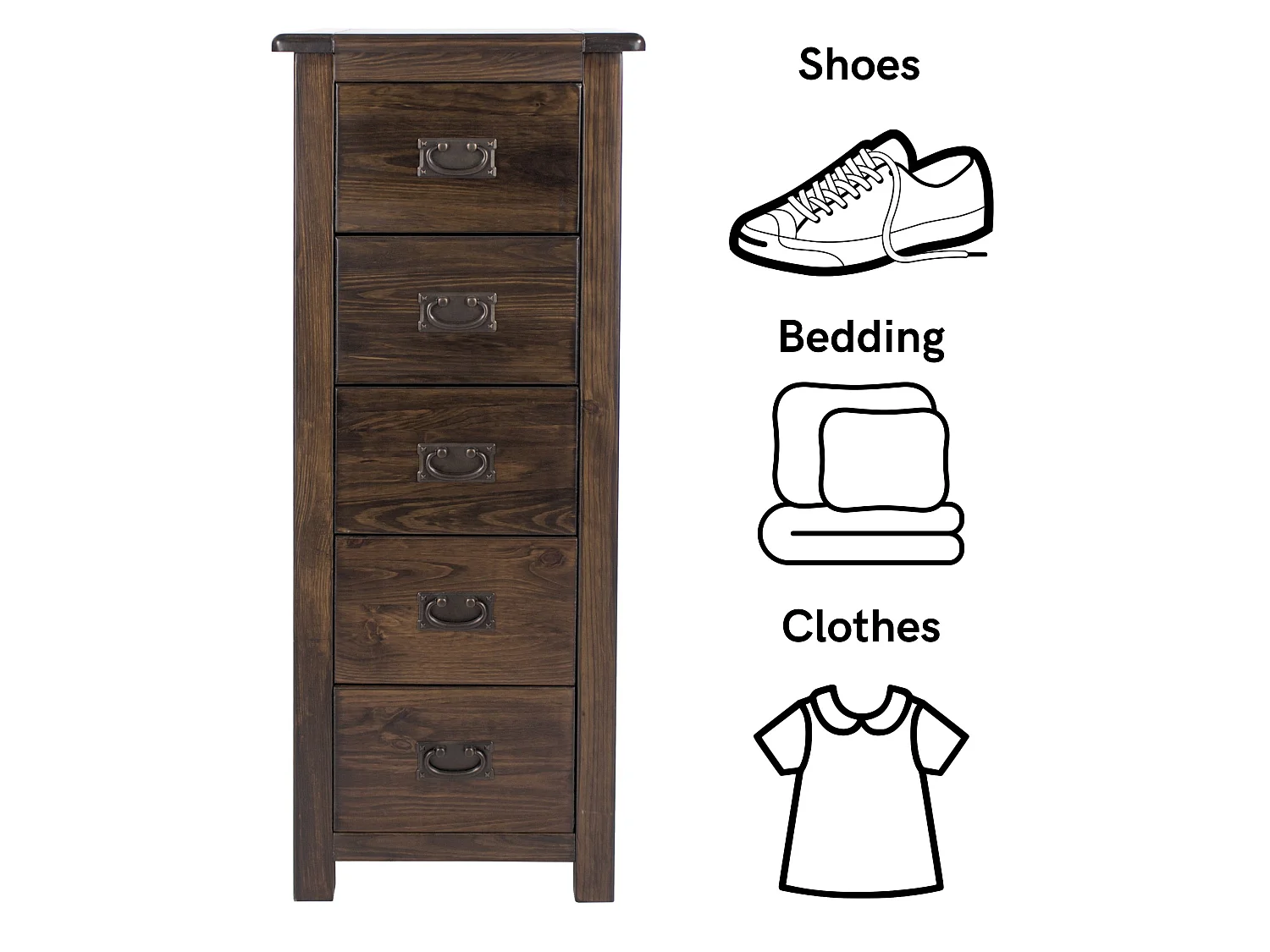 Boston 5-Drawer Narrow Chest of Drawers, Rustic Brown Lacquer