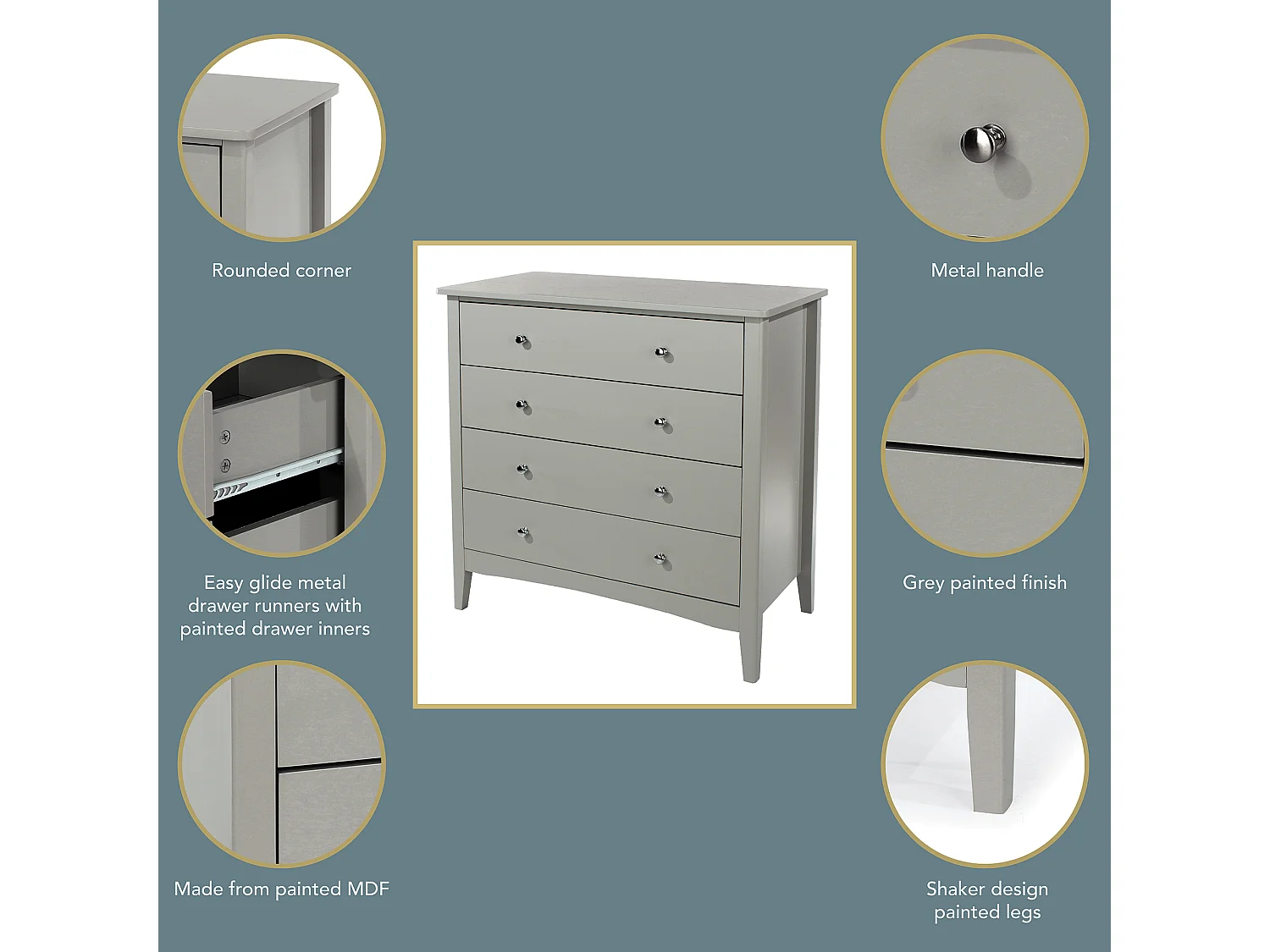 Como 4-Drawer Shaker-Style Chest of Drawers, Metal Hardware