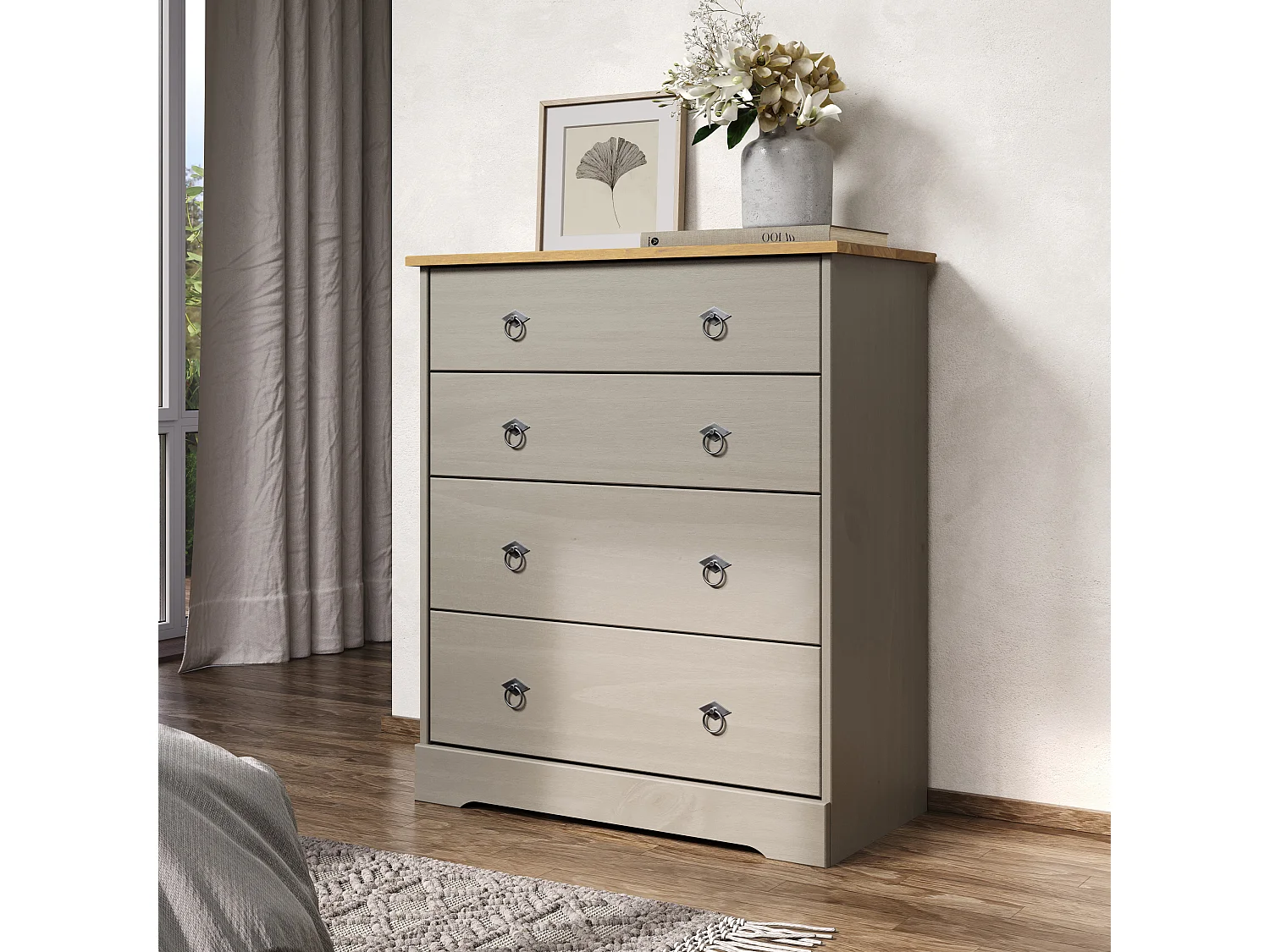 Corona Grey Compact 4-Drawer Chest of Drawers, Rustic Solid Waxed Wood