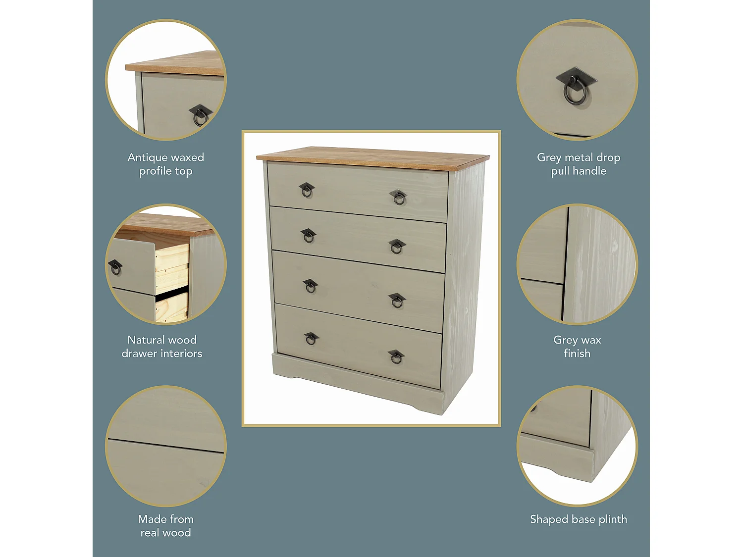 Corona Grey Compact 4-Drawer Chest of Drawers, Rustic Solid Waxed Wood