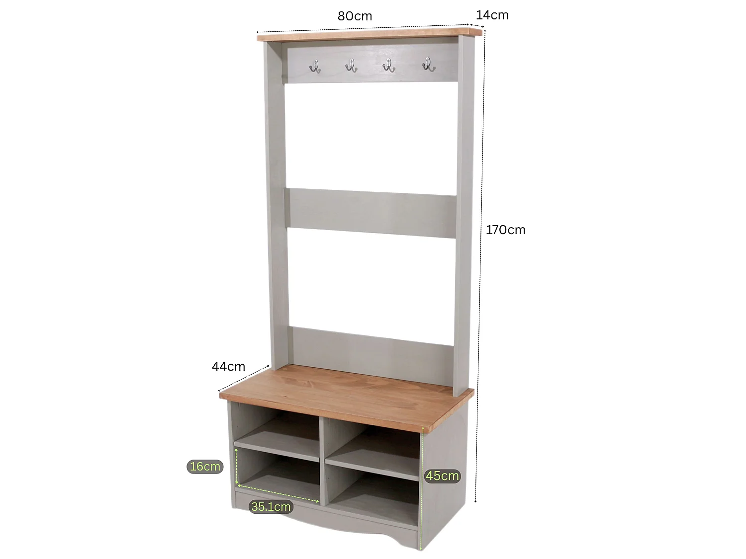 Corona Hall Shoe Bench with Hat & Coat Rack, Waxed Solid Wood