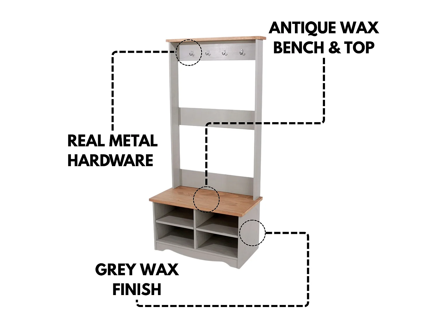 Corona Hall Shoe Bench with Hat & Coat Rack, Waxed Solid Wood