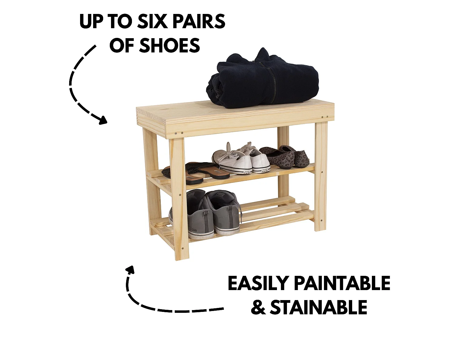 Solid Wood Shoe Bench with Top, 6-Shoe Storage