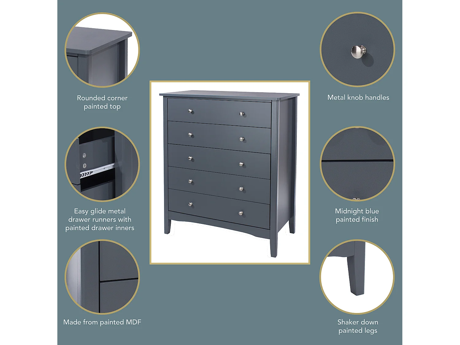Como 5-Drawer Shaker-Style Chest of Drawers, Metal Hardware