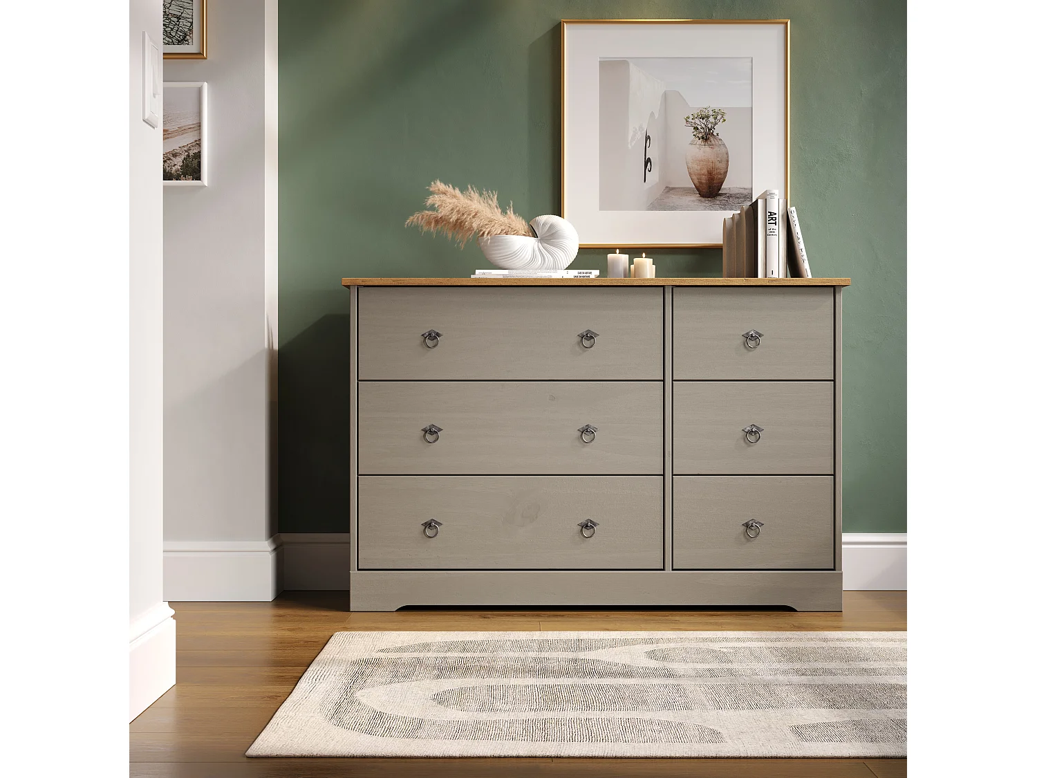 Corona Grey Compact 3 + 3 Drawer Chest of Drawers, Rustic Solid Waxed Wood