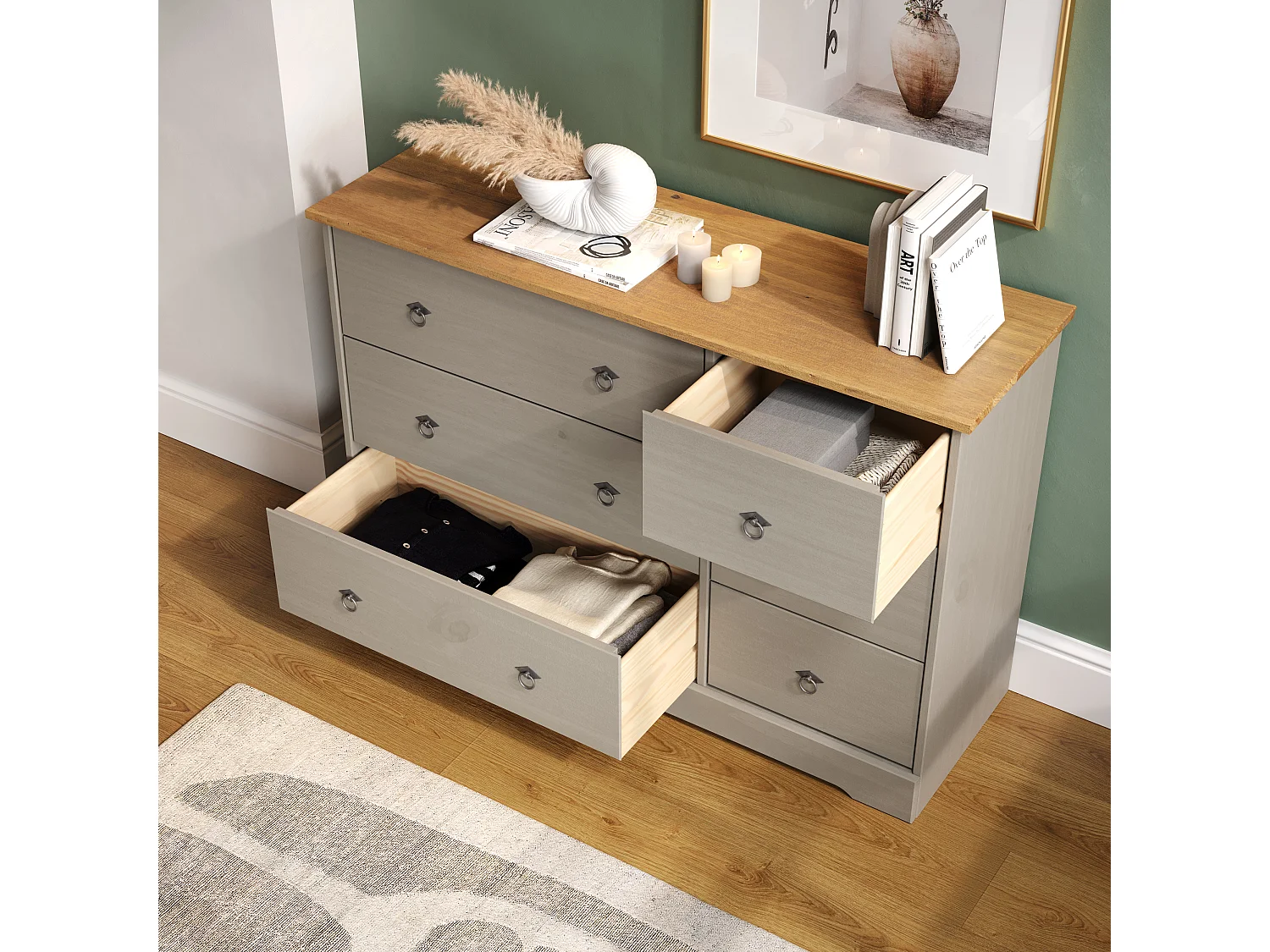 Corona Grey Compact 3 + 3 Drawer Chest of Drawers, Rustic Solid Waxed Wood