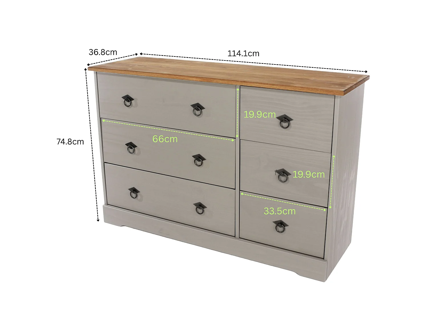 Corona Grey Compact 3 + 3 Drawer Chest of Drawers, Rustic Solid Waxed Wood