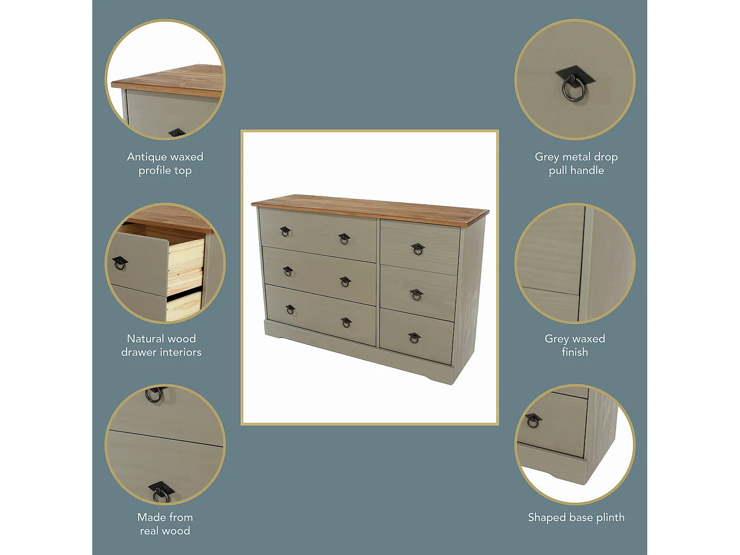 Corona Grey Compact 3 + 3 Drawer Chest of Drawers, Rustic Solid Waxed Wood