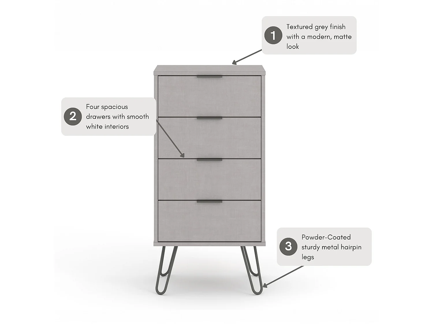 Augusta 4-Drawer Narrow Chest of Drawers, Industrial Design
