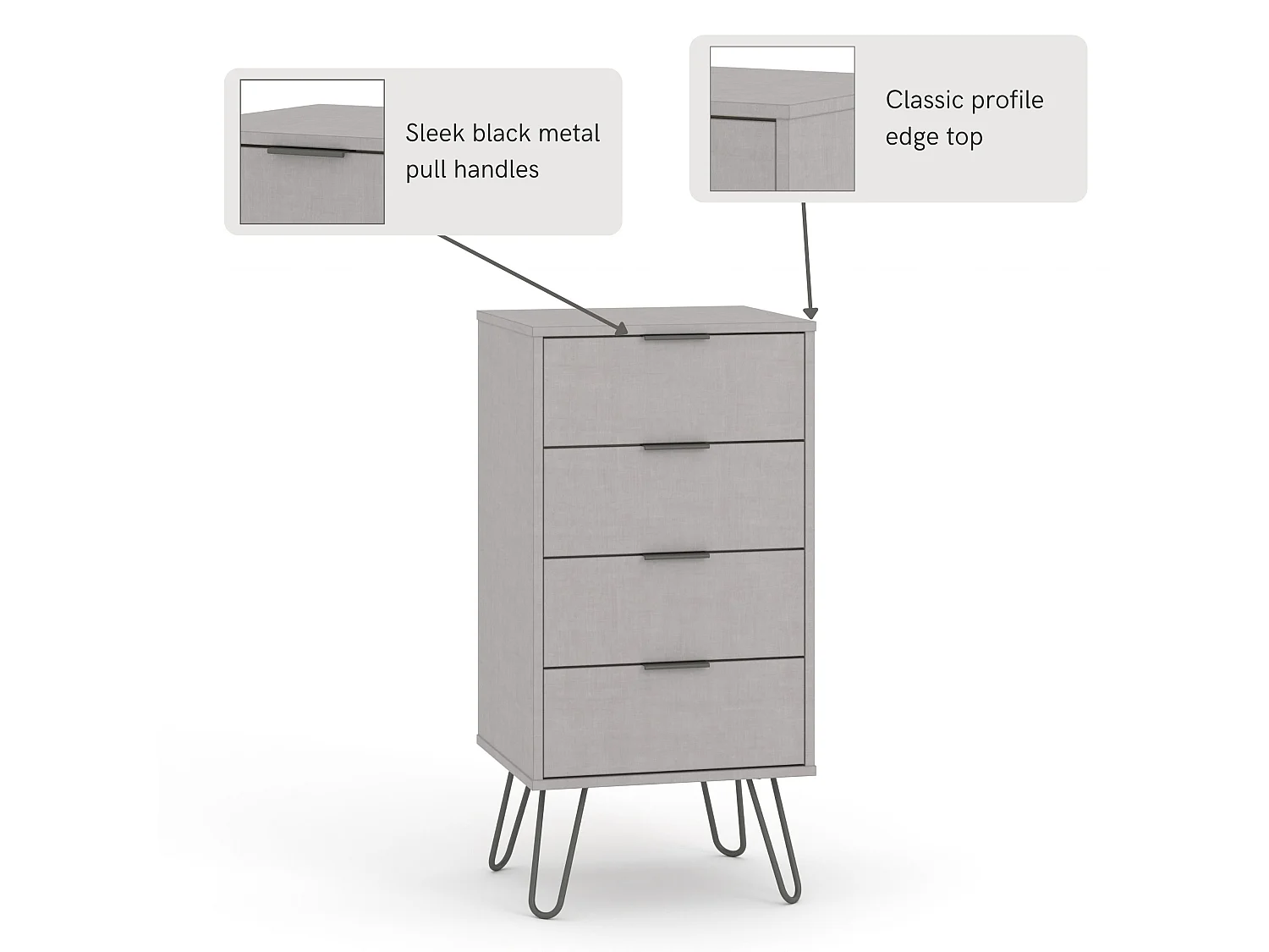 Augusta 4-Drawer Narrow Chest of Drawers, Industrial Design