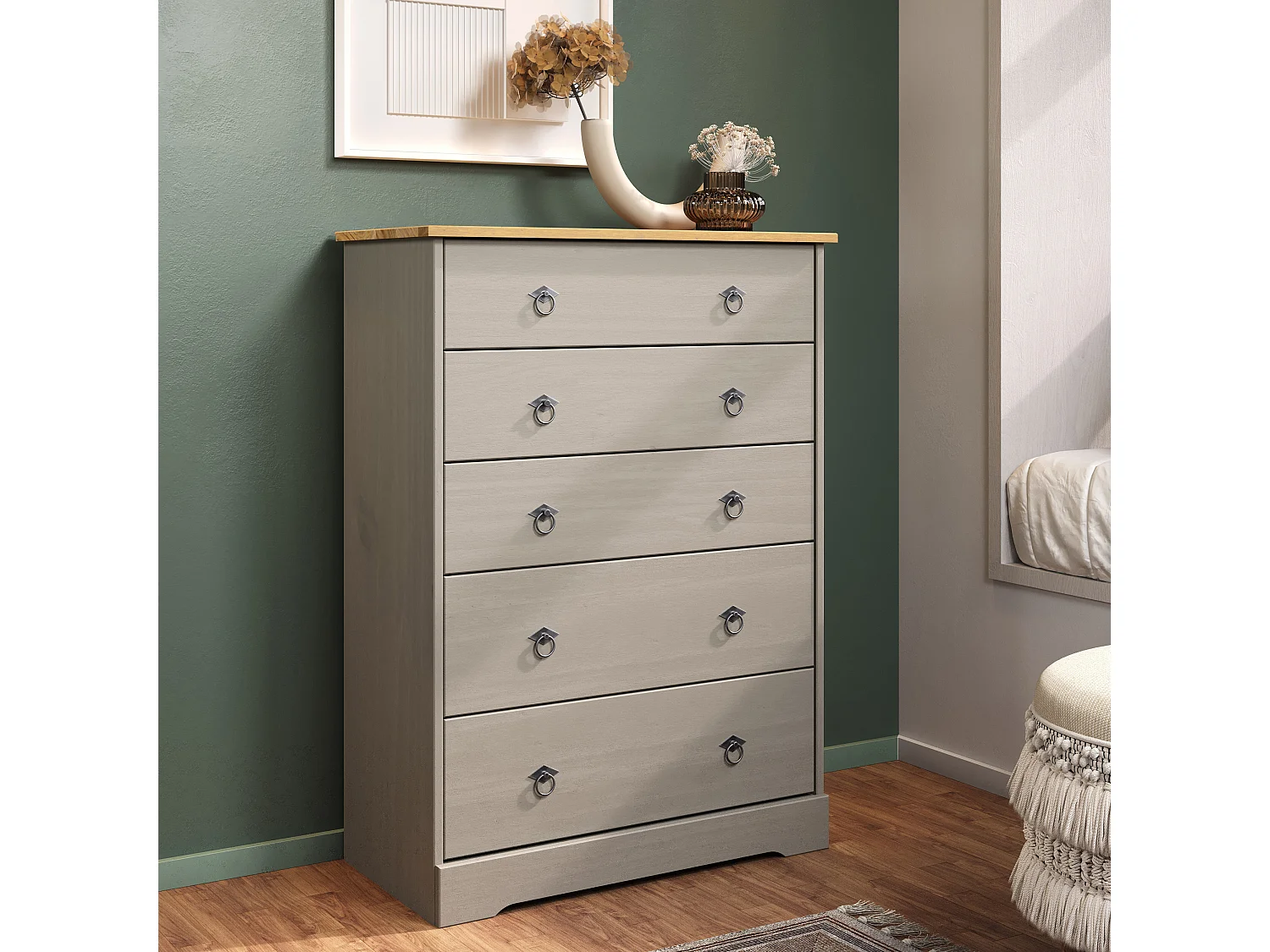 Corona Grey Compact 5-Drawer Chest of Drawers, Rustic Solid Waxed Wood