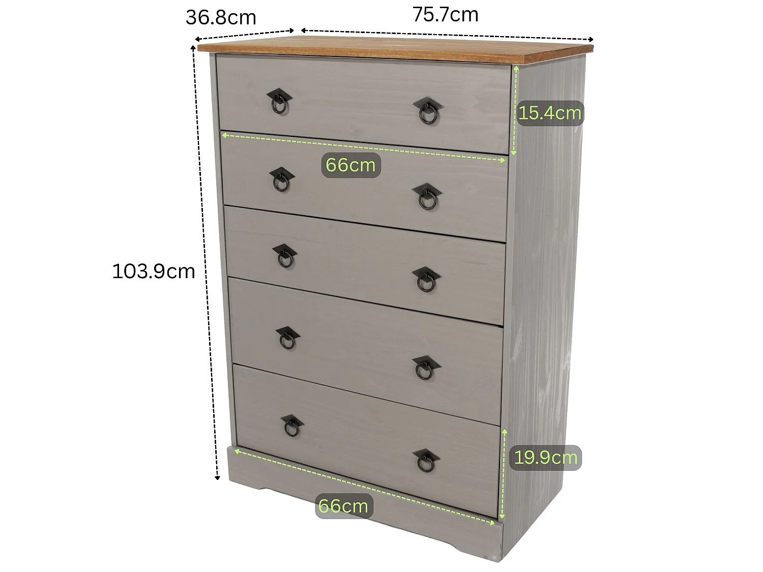 Corona Grey Compact 5-Drawer Chest of Drawers, Rustic Solid Waxed Wood