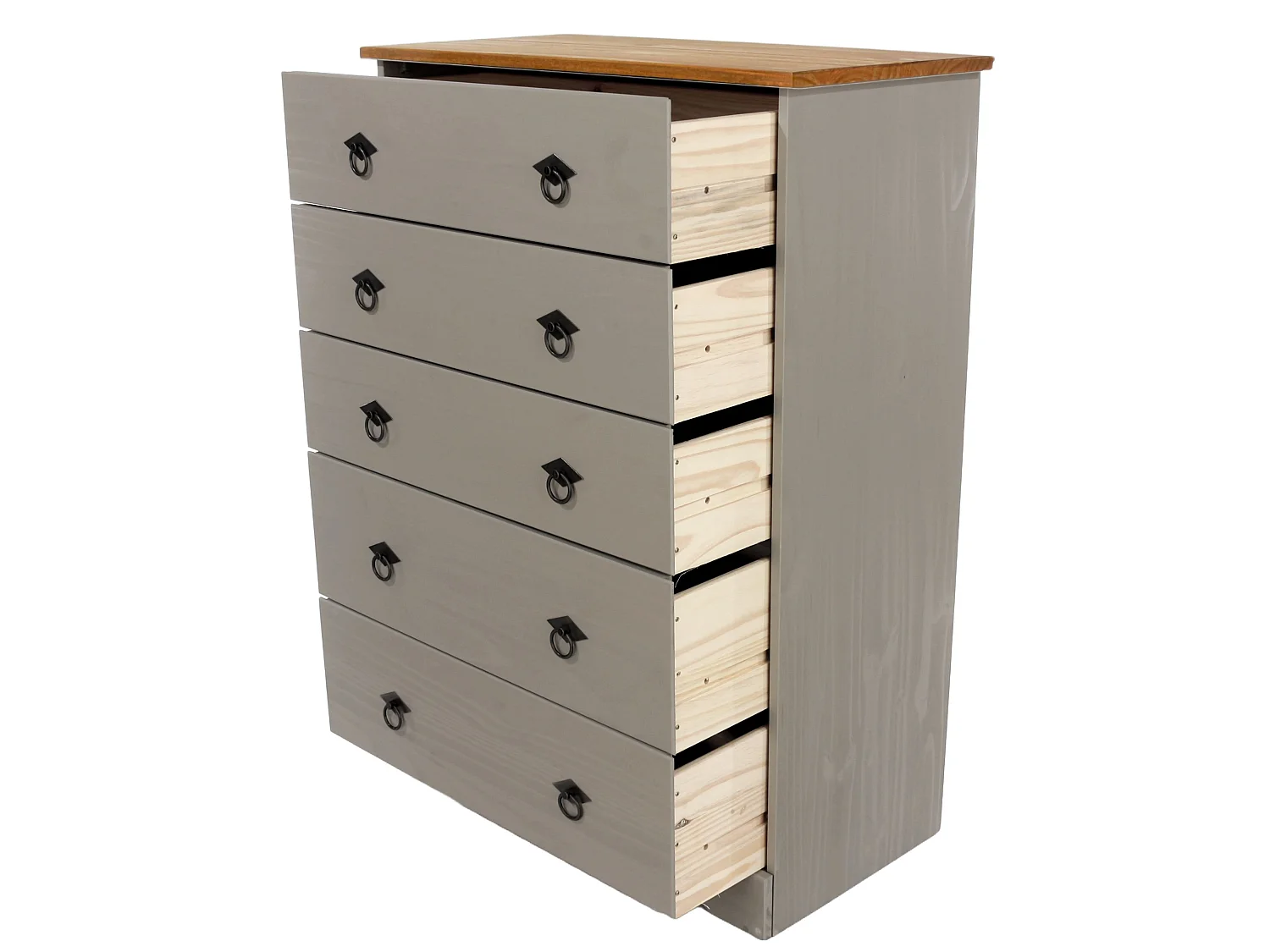 Corona Grey Compact 5-Drawer Chest of Drawers, Rustic Solid Waxed Wood