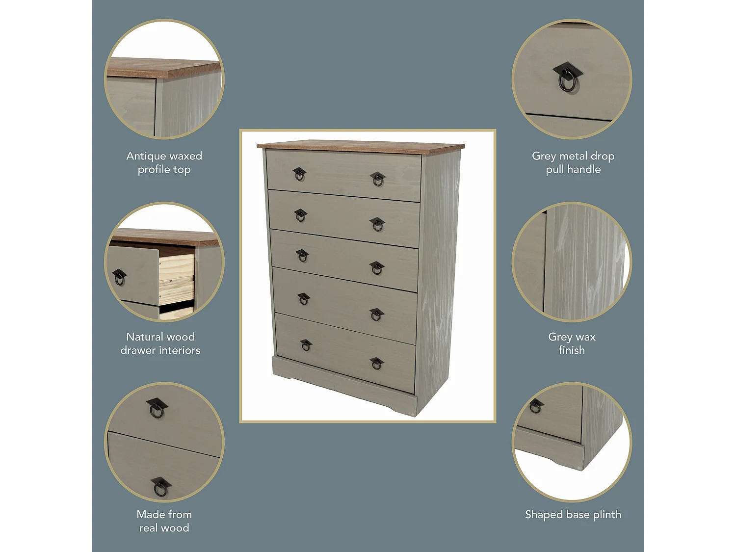 Corona Grey Compact 5-Drawer Chest of Drawers, Rustic Solid Waxed Wood