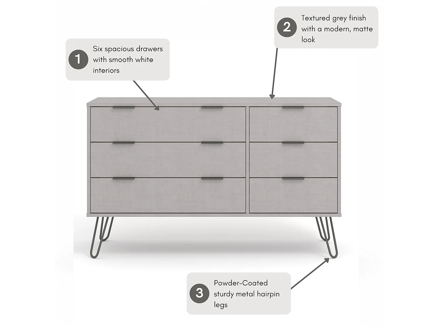 Augusta 3 + 3 Drawer Wide Chest of Drawers, Industrial Design