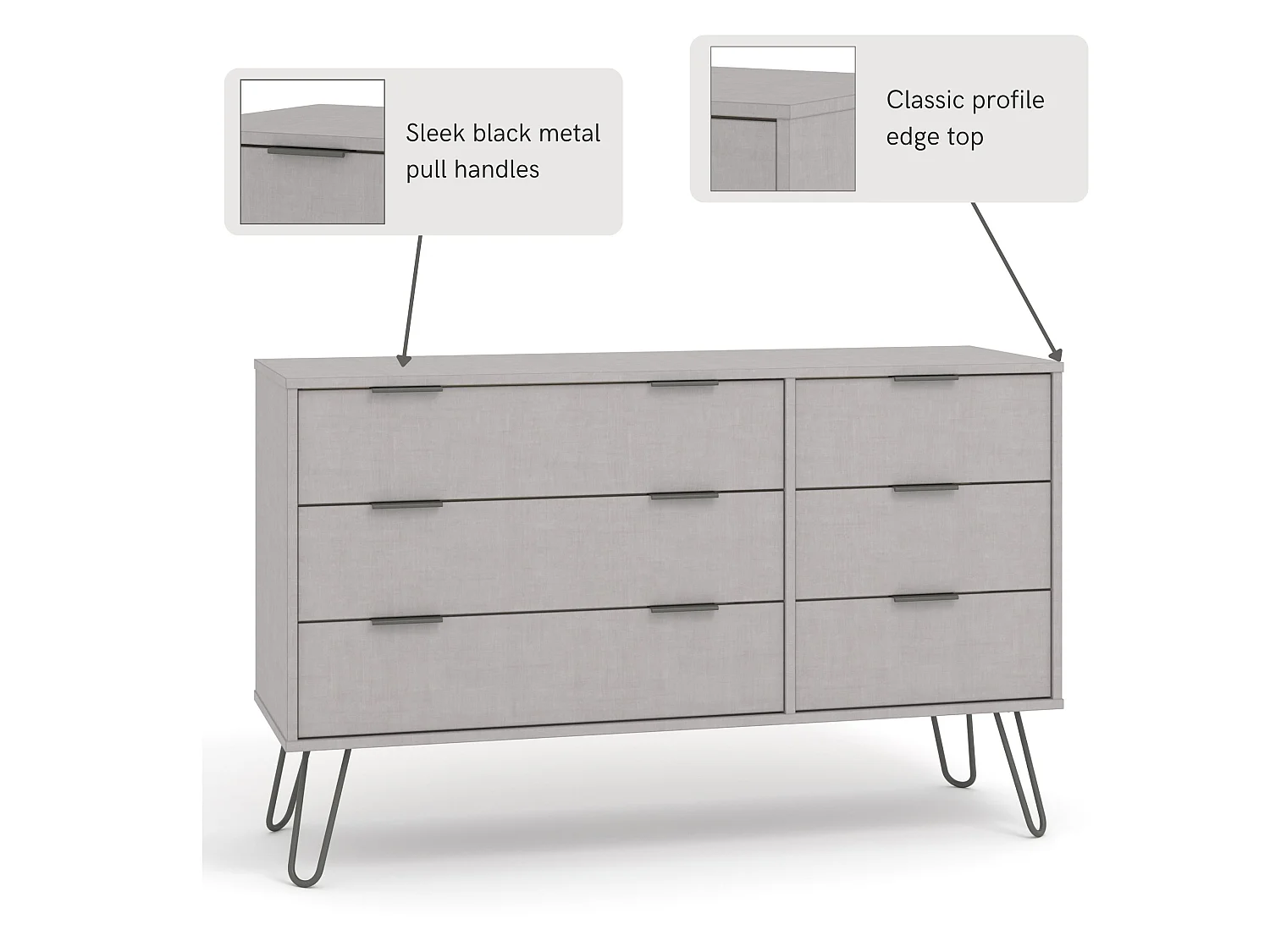 Augusta 3 + 3 Drawer Wide Chest of Drawers, Industrial Design
