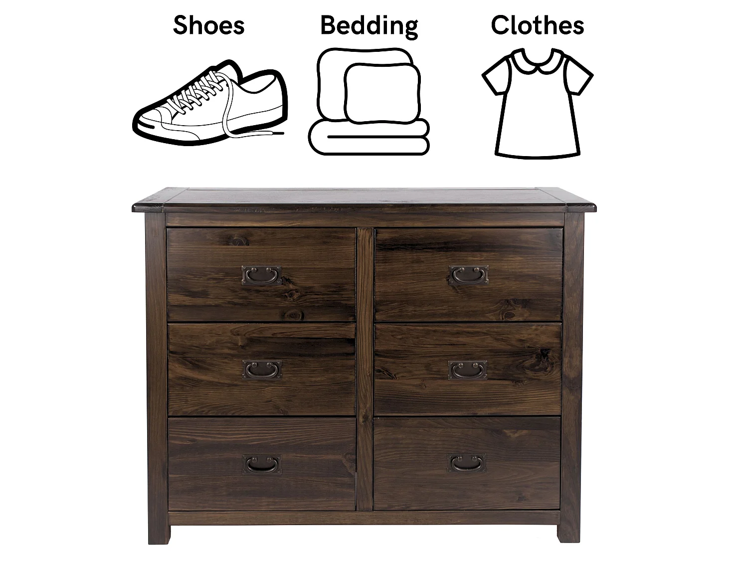 Boston 3 + 3 Drawer Wide Chest of Drawers, Brown Rustic Lacquer