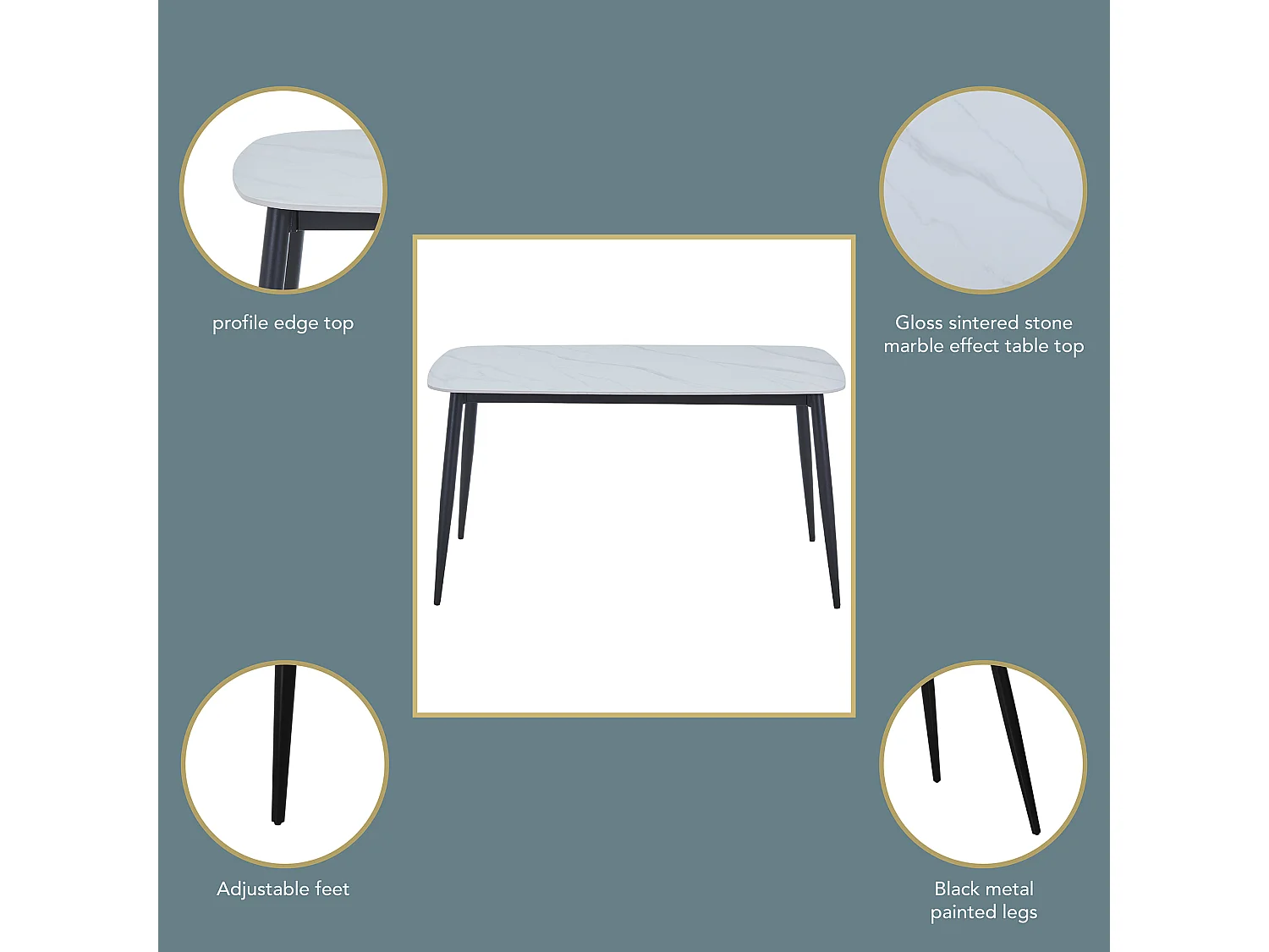 Rectangular Dining Table, Gloss White Sintered Stone Top With Black Tapered Legs