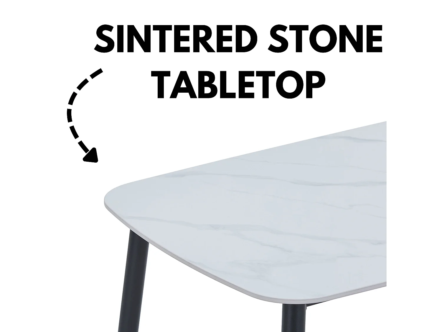 Rectangular Dining Table, Gloss White Sintered Stone Top With Black Tapered Legs