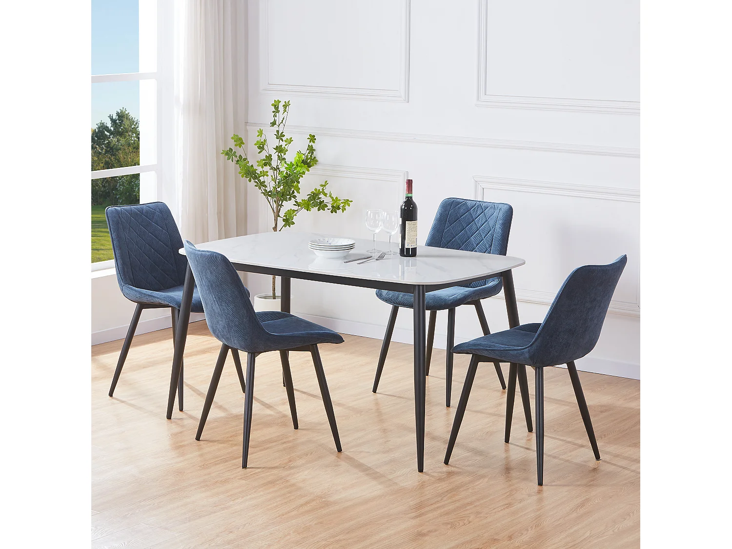 Rectangular Dining Table, Gloss White Sintered Stone Top With Black Tapered Legs