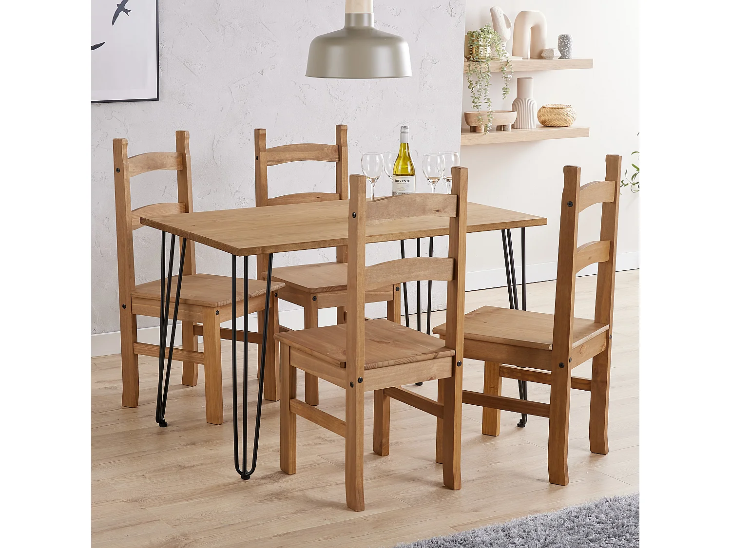 Augusta Rectangular Dining Table, Solid Wood Top & Hairpin Metal Legs