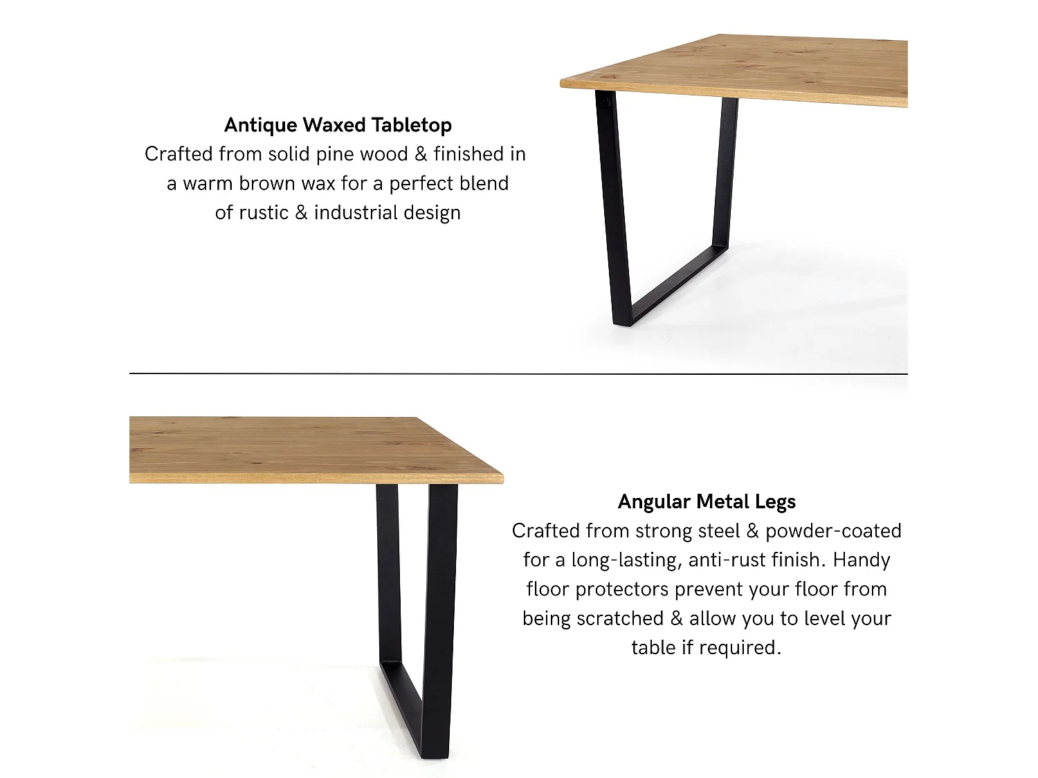 Texas Rectangular Dining Table, Solid Wood Tabletop & Angular Metal Legs