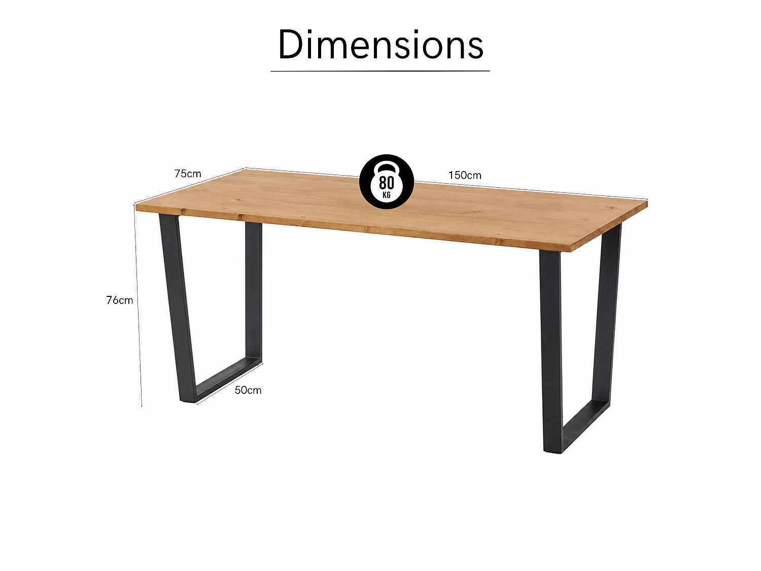 Texas Rectangular Dining Table, Solid Wood Tabletop & Angular Metal Legs