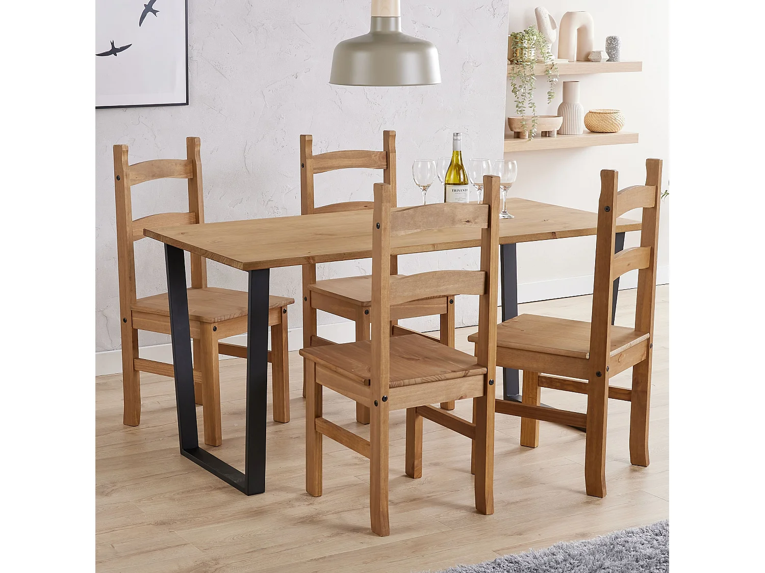 Texas Rectangular Dining Table, Solid Wood Tabletop & Angular Metal Legs