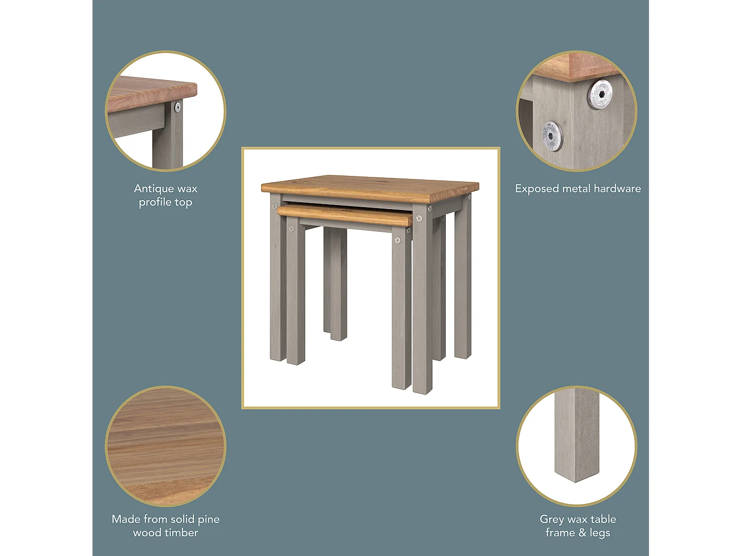 Linea Nest of 2 Tables, Solid Waxed Grey Pine Wood